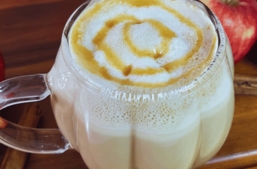 Apple Pie Latte with creamy foam and caramel drizzle