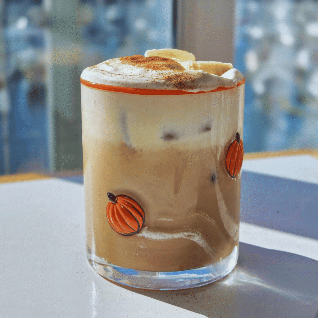 Banana Bread Latte with creamy foam garnished with cinnamon powder and banana slices