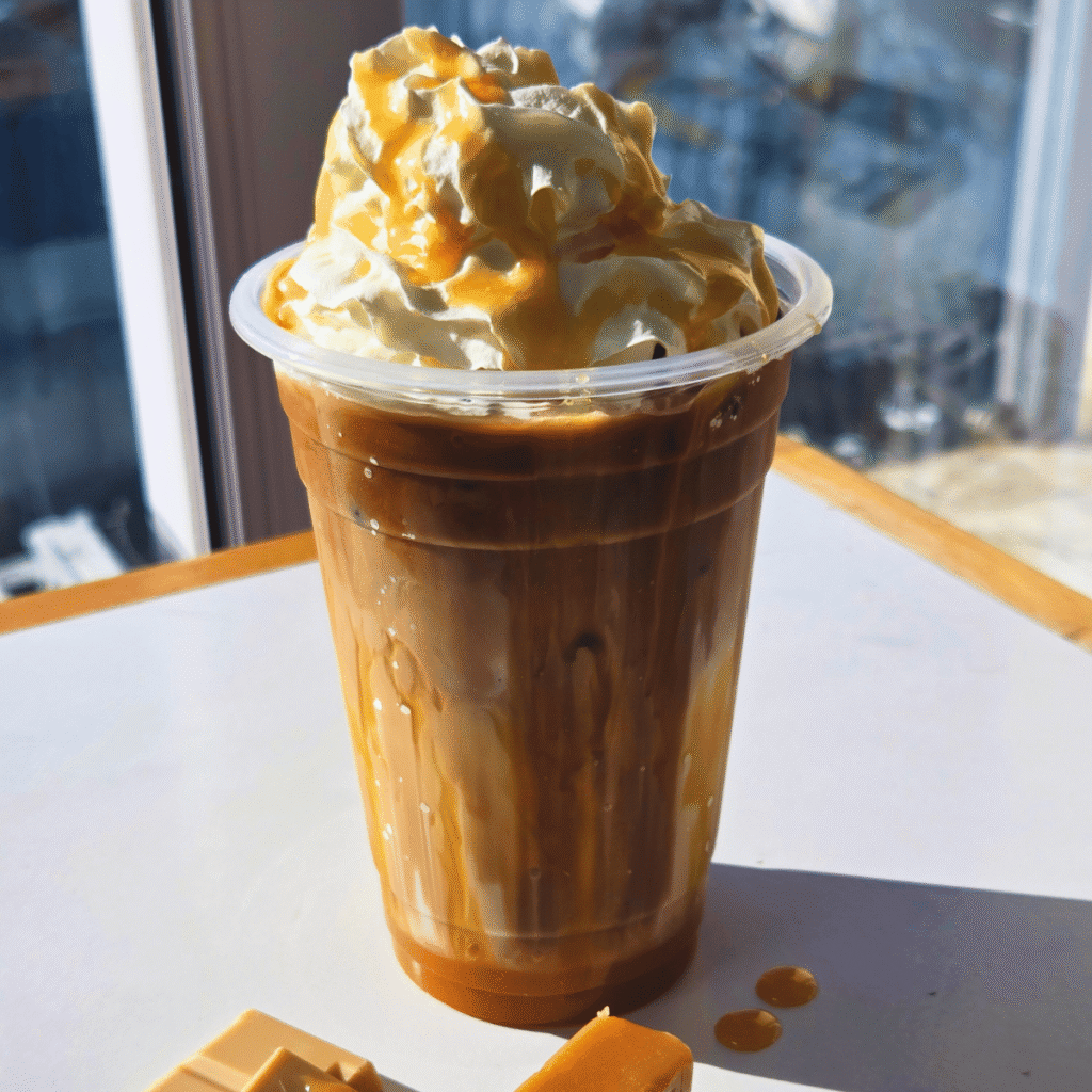Iced caramel Macchiato topped with whipped cream and caramel drizzle