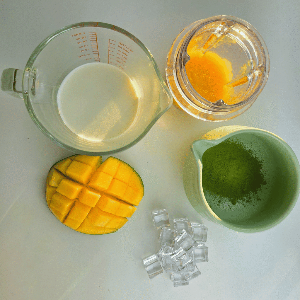 Ingredients to make Mango Matcha Latte