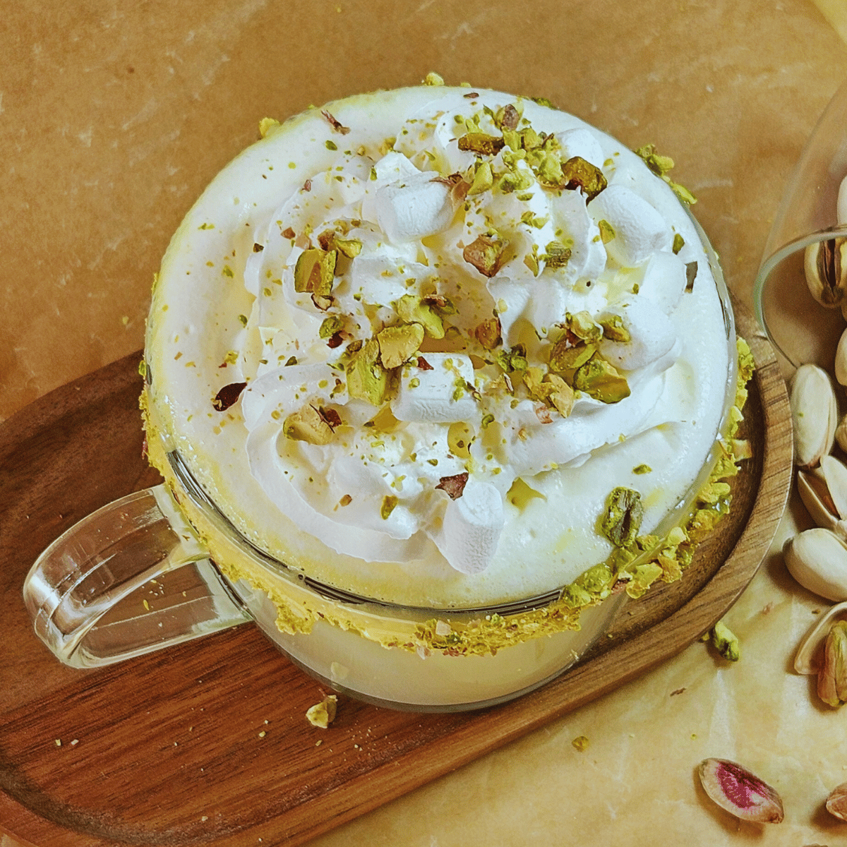 Pistachio White Hot Chocolate with Whipped Cream, Marshmallows and Chopped Pistachio