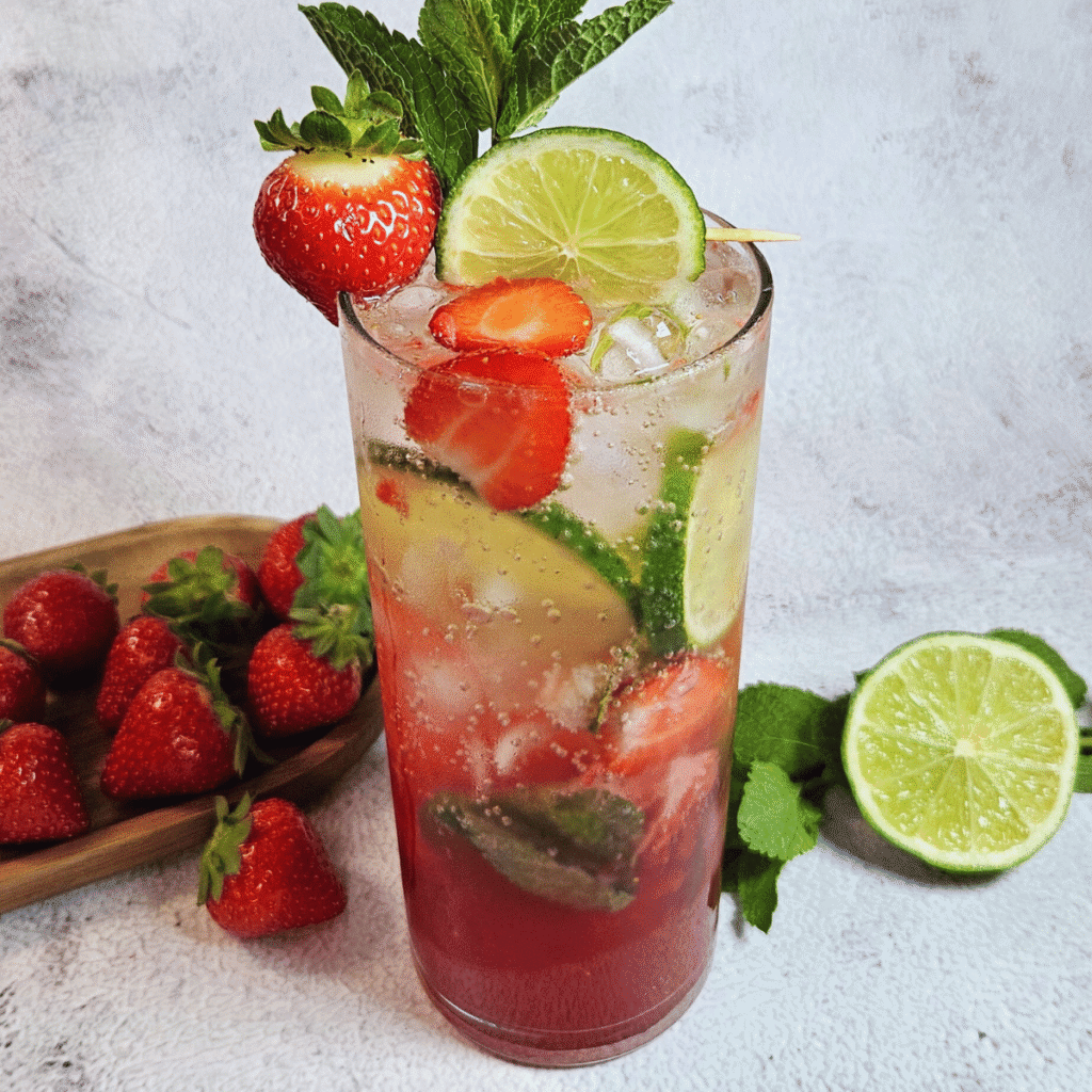 Strawberry Mojito Mocktail Garnished with lime slices, strawberries and mint leaves