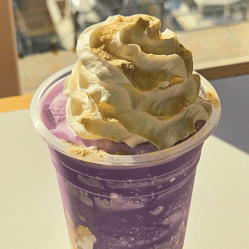 Taro Milkshake topped with whipped cream and malted milk powder