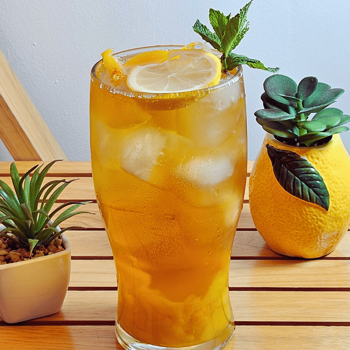 Sparkling Peach Honey Iced Tea with lemon slice and peach slices