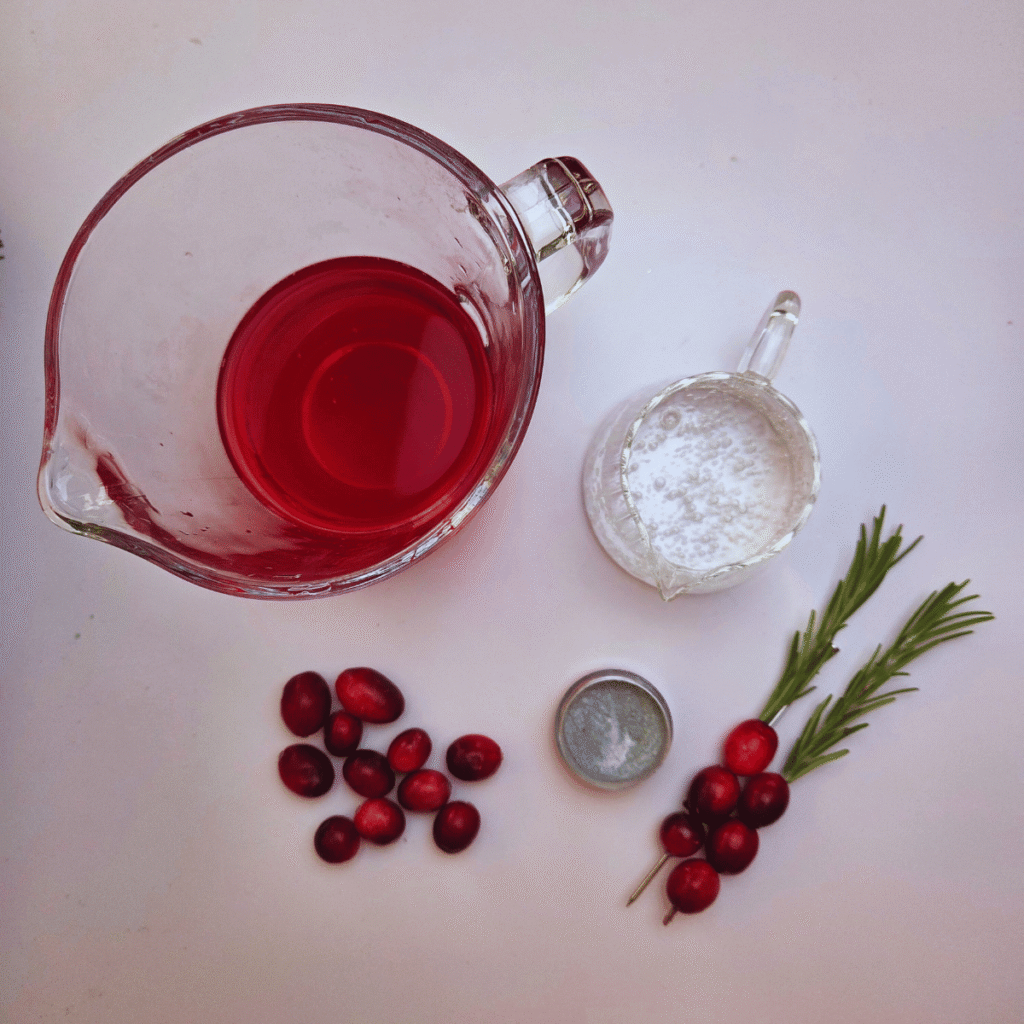 Ingredients needed to make Sparkling Cranberry Mocktail
