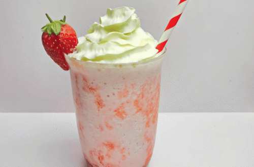 Strawberries and Cream Blended drink topped with whipped cream