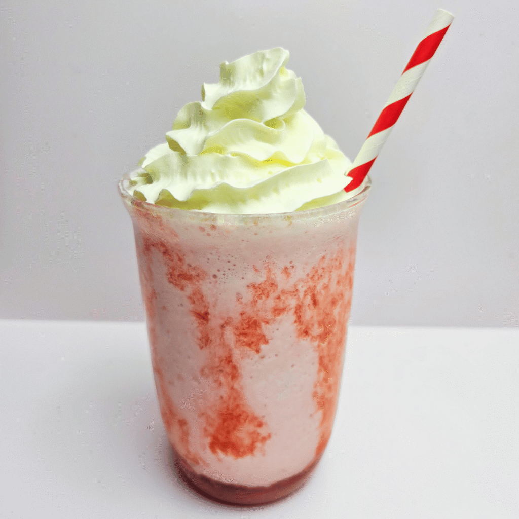 Strawberries and Cream Blended Drink topped with Whipped Cream
