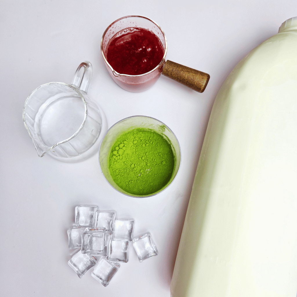 Ingredients needed to make Strawberry Matcha Latte